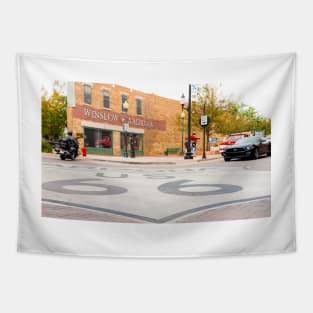 Route 66 sign on road in Winslow Arizona Tapestry