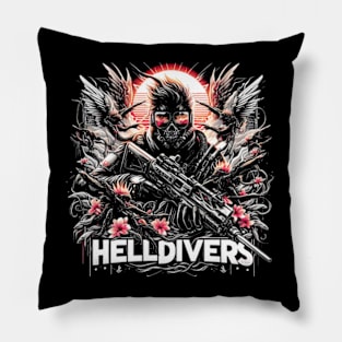 dynamic composition of Helldivers fighting against a swarm of insect-like aliens - fantasy Pillow