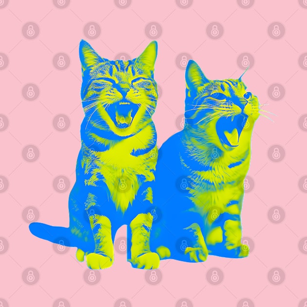 Laughing Cats - duotone blue and yellow by Ravenglow