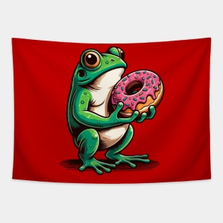 Cute frog carrying a donut Tapestry
