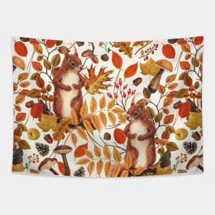 Autumn squirrels and autumnal flora on off white Tapestry