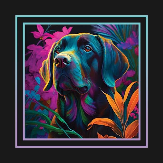 Triumphant Labrador Floral Vibrant Tropical Digital Oil Painting Pet Portrait by ArtHouseFlunky