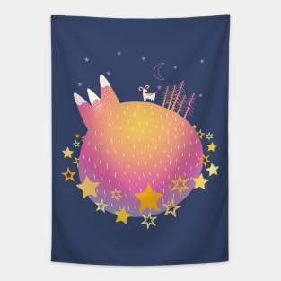 "Home Planet" in teal, pink, and yellow with a ring of yellow stars - a whimsical world Tapestry