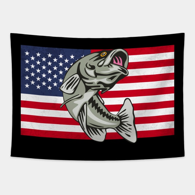 Vintage American Flag Patriotic Bass Fishing Tapestry by JB.Collection