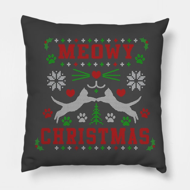 Meowy Christmas Cute Cat Lover Ugly Christmas Sweater Design Pillow by TeeCreations