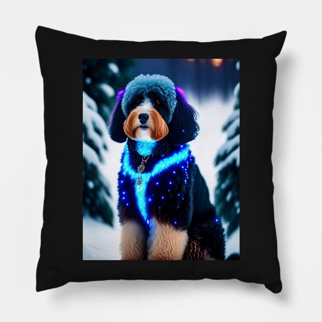 Aussiedoodle Glowing In The Snow Pillow by Enchanted Reverie