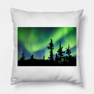 Northern Lights Aurora borealis over Yukon taiga spruce Pillow