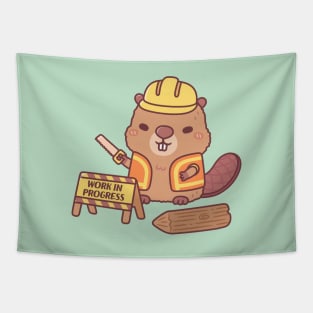 Cute Beaver Construction Cartoon Work In Progress Funny Tapestry