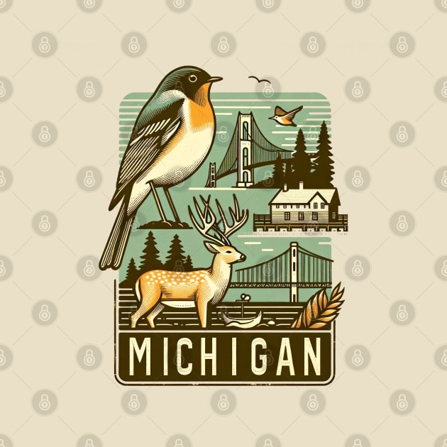 Michigan's Vintage Line Art - Nature and Landmarks by Retro Travel Design