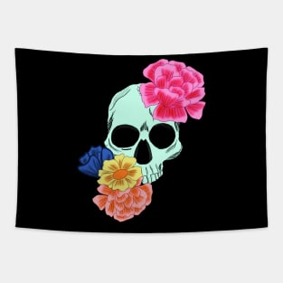 Light Green Skull with Neon Pink yellow orange and blue flowers Tapestry