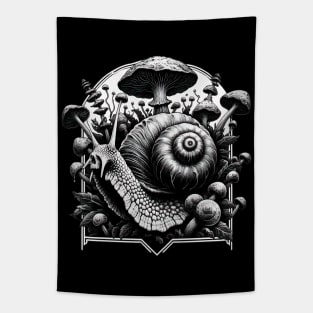 Monochromatic Skull Snail Overgrown Mushrooms Tapestry