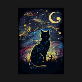 Mystery Cat Under Starry Night T-Shirt