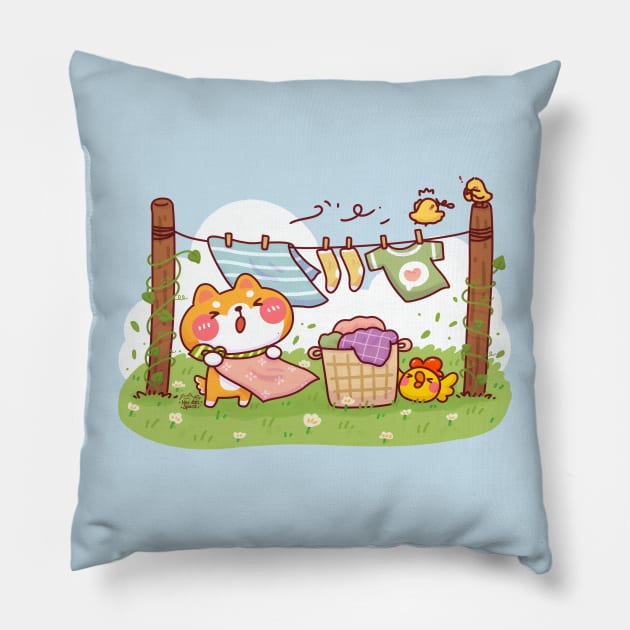 Shiba Inu Laundry Day on Windy Meadow Pillow by Nas.ArtSpace