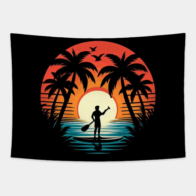 Paddle Boarder Palm Tree Sunset Tapestry by JohnTy