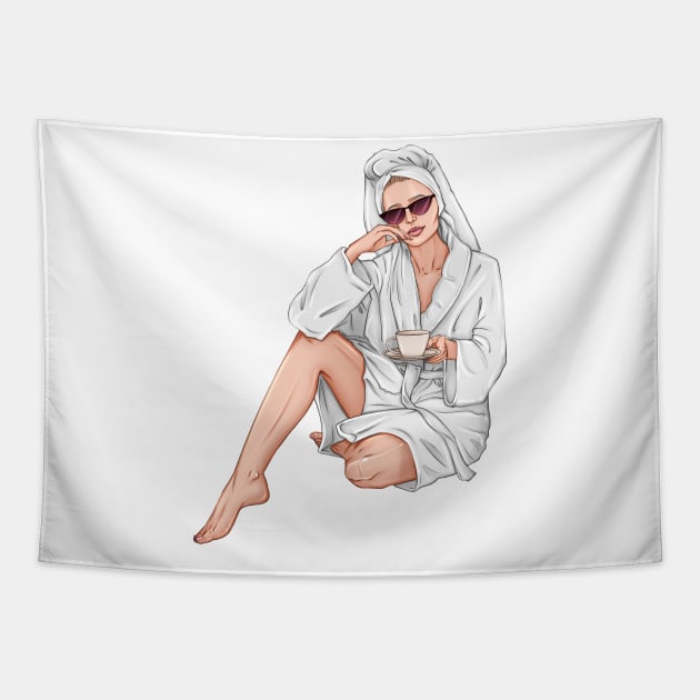 Beautiful woman with cup of tea in white spa robe Tapestry by ArctiumStudio