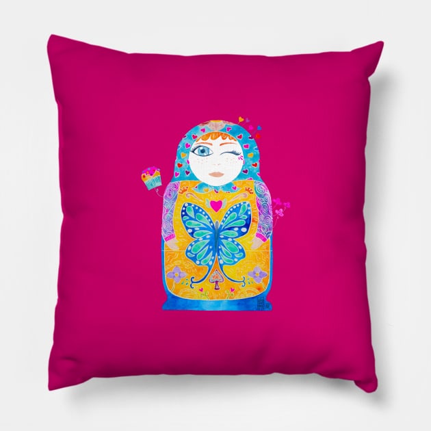 Matryoshka Happy Birthday Meg Pillow by Arashi Kim