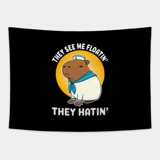 They see me floatin they hatin Cartoon Capybara Sailor Tapestry