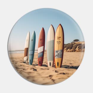 Surf lifestyle and Surfboards at beach sand Pin