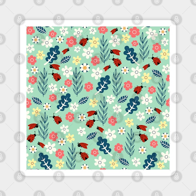 Spring meadow in bloom with ladybirds on green background Magnet by Arch4Design