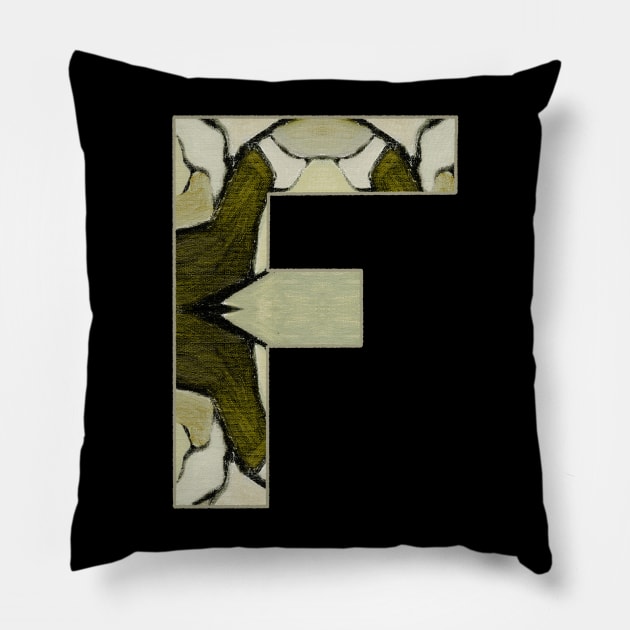 Letter F Monogram Initial Olive Green Pearl White Aesthetic Abstract Pattern Painting On Canvas Pillow by Go Abstract Art