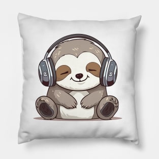 Sloth - Baby Sloth Kawaii Cute, Wearing Headphones, Enjoying The Music Pillow