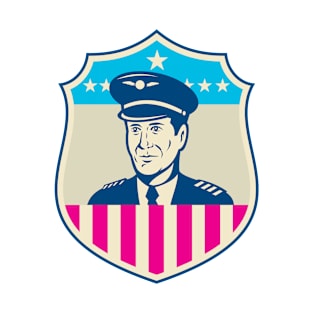 American Airline Pilot Aviator USA Flag Shield Retro T-Shirt