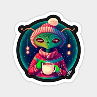 Christmas Funny Alien Drinking Coffee Wearing Sweater Magnet