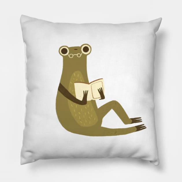 Cute frog with glasses reading a book Pillow by mikhaleeevich