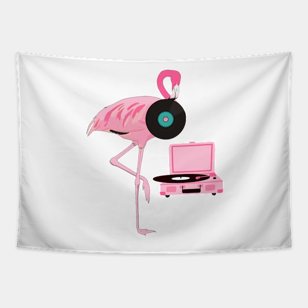 Funny Flamingo Retro Vinyl Record Player Tapestry by TammyWinandArt