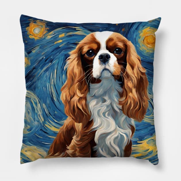 Cute Cavalier King Charles Spaniel Dog Breed Painting in a Van Gogh Starry Night Art Pillow by Art-Jiyuu