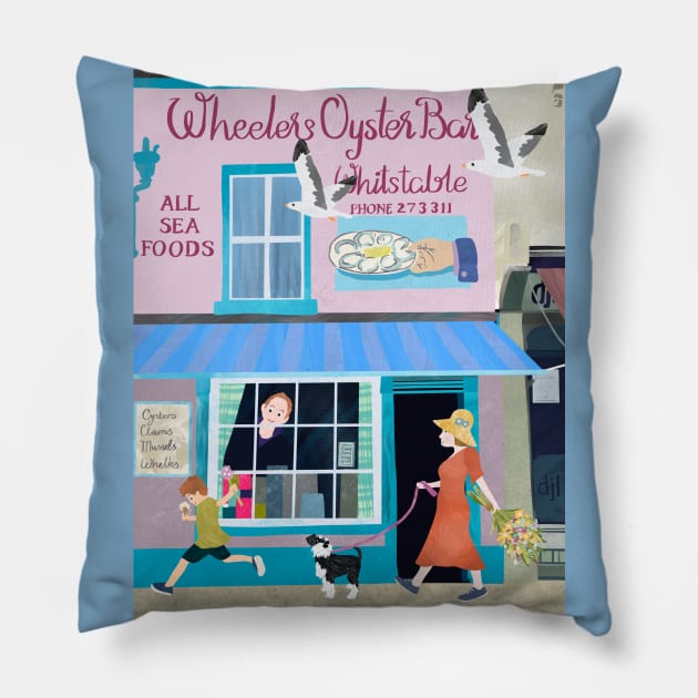 Paper cut art collage Wheeler’s Oyster Bar Whitstable with Schnauzer Pillow by NattyDesigns
