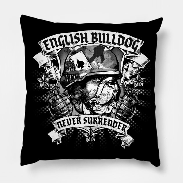 English Bulldog Never Surrender Logo Badge Pillow by Black Tee Inc