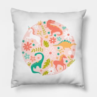 Dinosaurs + Unicorns on Pink Pillow