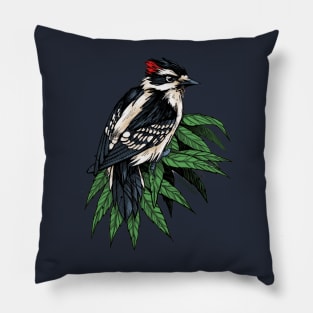 Downy Woodpecker in shrubs Pillow