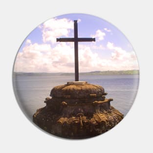 wooden cross on the riverbank Pin