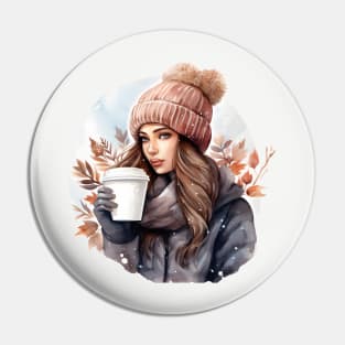 Winter girl with a hot coffee Pin