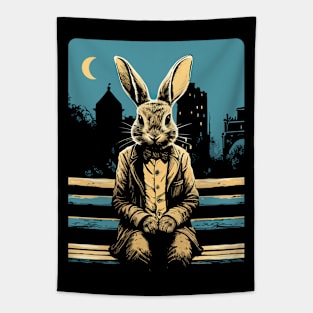 Rabbit on a park bench, Moon, Bunny Lovers Tapestry