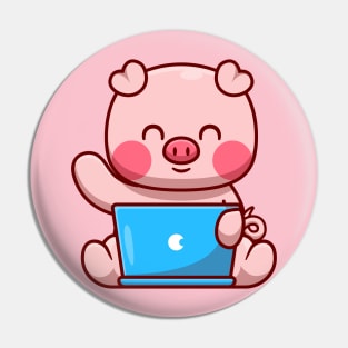 Cute Pig Working On Laptop Cartoon Pin