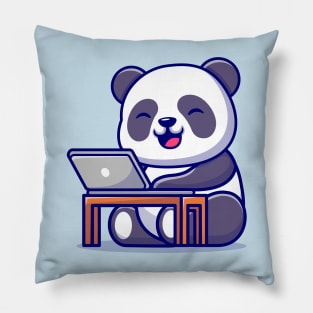 Cute Panda Working On Laptop Cartoon Pillow