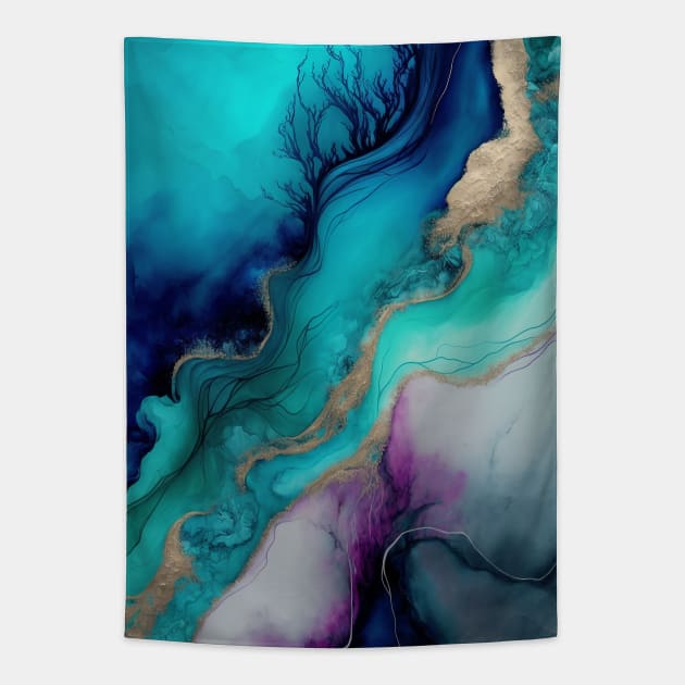 Underwater Waves - Abstract Alcohol Ink Resin Art Tapestry by inkvestor