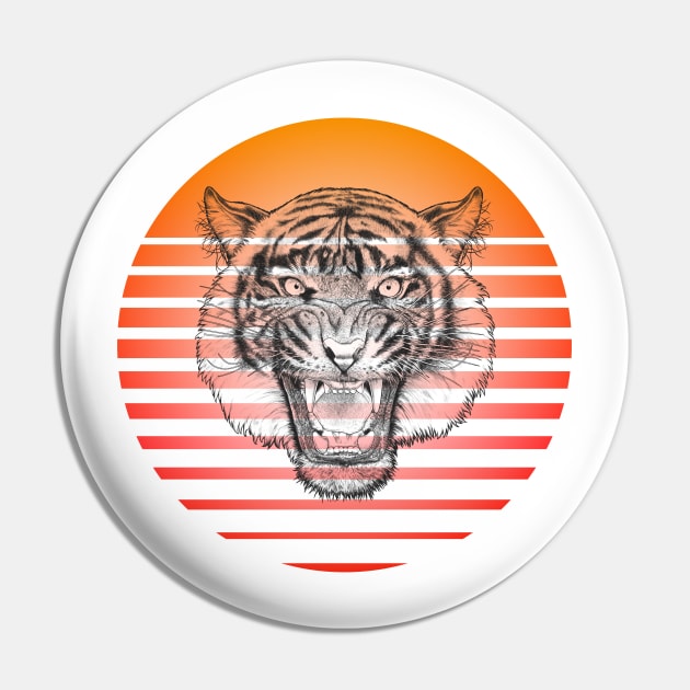 Retro Growling Tiger On A 80's Sun Background Pin by iZiets