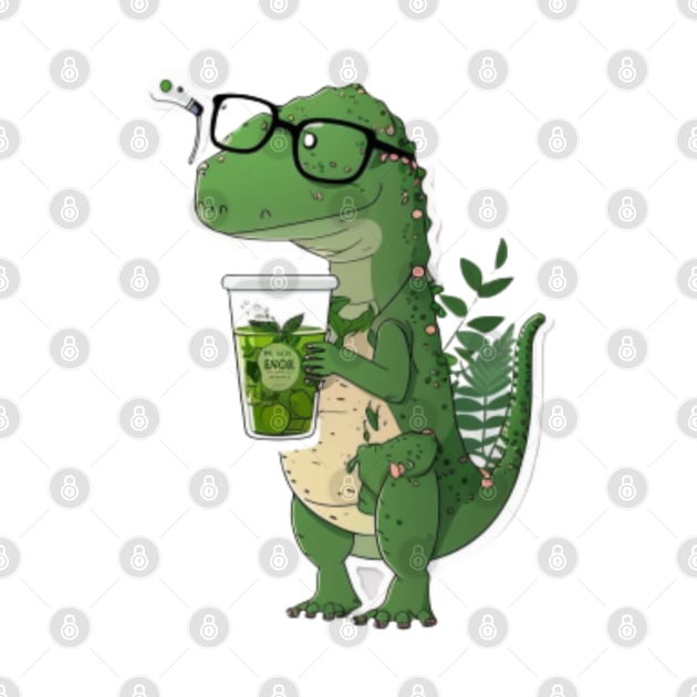 Green T-rex drinking tea Illustration by JEWEBIE