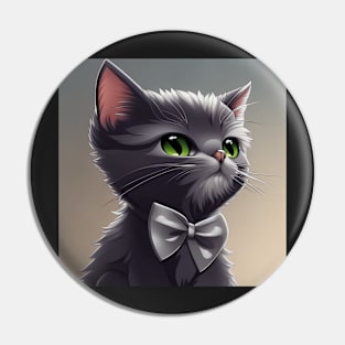 Elegant Grey Cat With a Grey Bow Tie | White and grey cat with green eyes | Digital art Sticker Pin
