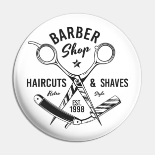 Barbershop print with scissors. Monochrome retro design. Pin