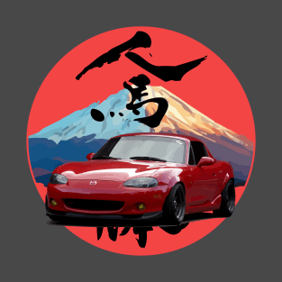 Red NB Mazda Miata/MX-5 - Mount Fuji Jinba Ittai Roadster Life T-Shirt