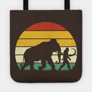 Bigfoot Walking With Mammoth Vintage Sunset Mythical Creatures Tote