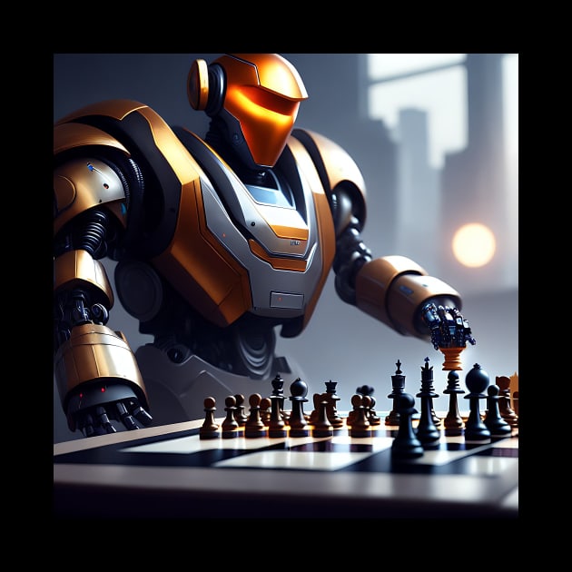 Golden humanoid robot playing chess by matguy