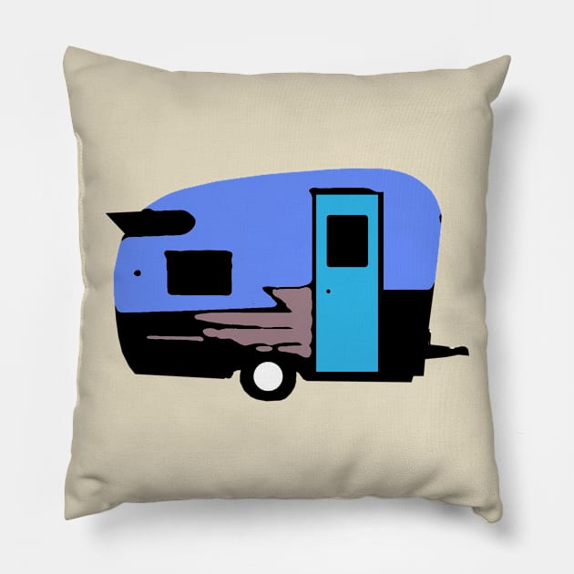 Blue Camper Trailer Vintage Pillow by DogfordStudios