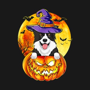 Border Collie Witch Sitting in Pumpkin Halloween Dog Lover T-Shirt