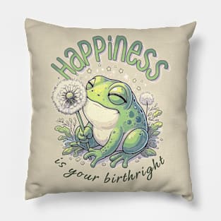 Dandelion Frog With the Motivational Words "Happiness Is Your Birthright" Pillow